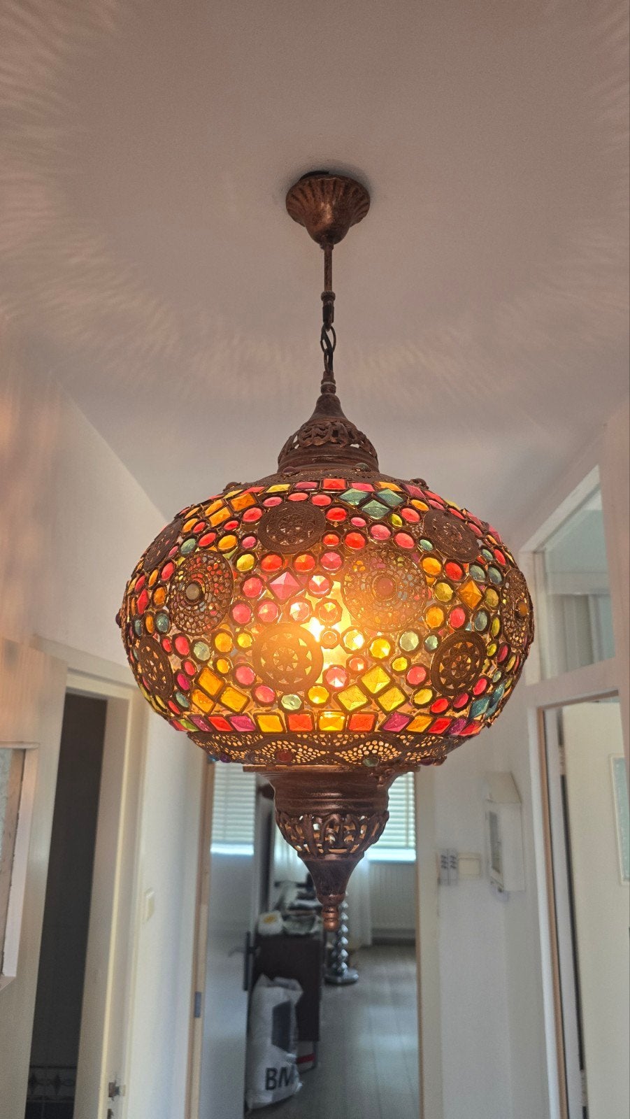 Oosterse Mozaïek Hanglamp - Handgemaakt en Kleurrijk, Zo goed als nieuw, Oosters, Bohemian, Etnisch, Glas, E27 (groot)