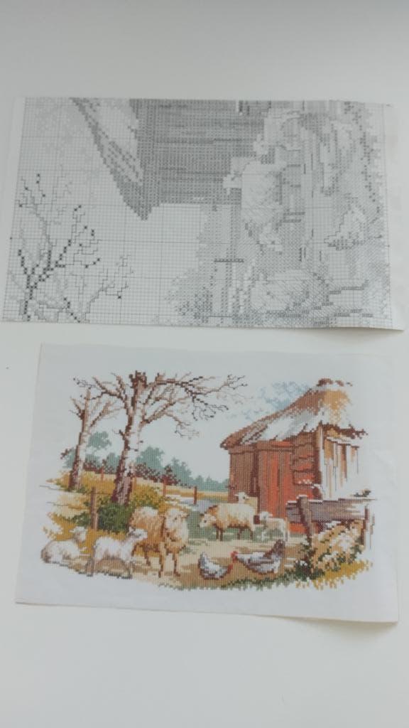 Borduurpatroon landschap, schaap, schapen, Hobby en Vrije tijd, Borduren en Borduurmachines, Ophalen of Verzenden, Gebruikt, Handborduren
