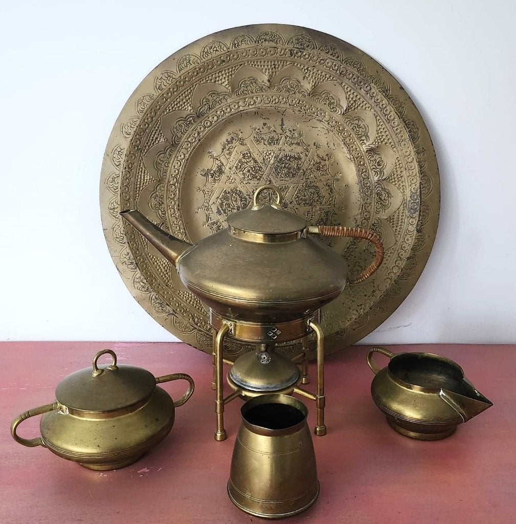 antiek messing theeservies, Antiek en Kunst, Ophalen of Verzenden