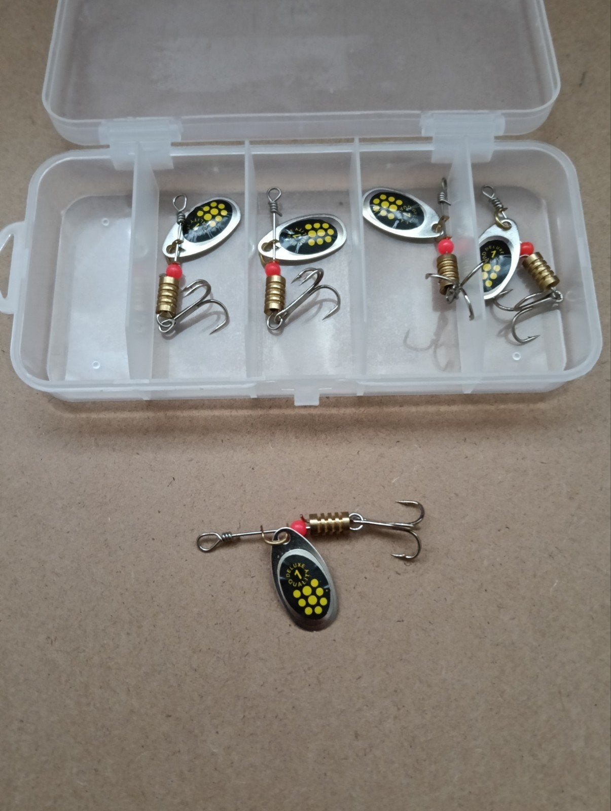 5 Spinners met Opbergbox voor Roofvissen, Ophalen of Verzenden, Nieuw, Overige typen