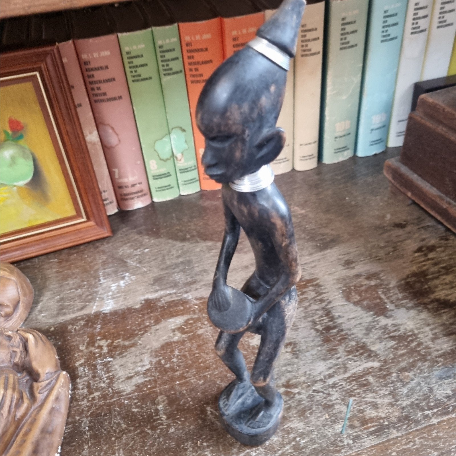 Vintage Afrikaans handgesneden Houten Beeld Trommelaar, Antiek en Kunst, Hout, Afrika, Handgemaakt, Beeld