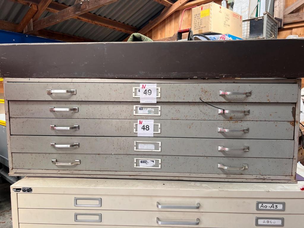 Vintage metalen tekeningladekast met 5 laden, Ophalen, Gebruikt, 100 tot 150 cm, Meerdere deuren