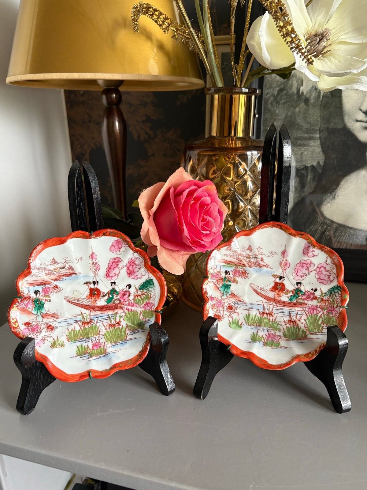 Vintage 3 Japanse Satsuma Stijl Schotels met Geisha scenes, Ophalen of Verzenden