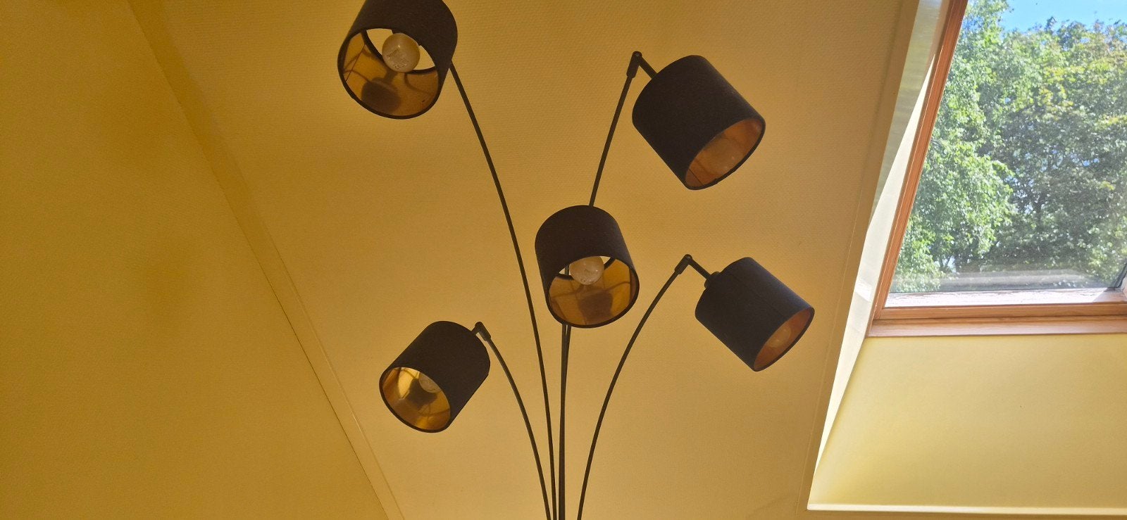 Moderne booglamp met 5 kappen - Zwart/Goud, Ophalen, Zo goed als nieuw, Modern, 150 tot 200 cm