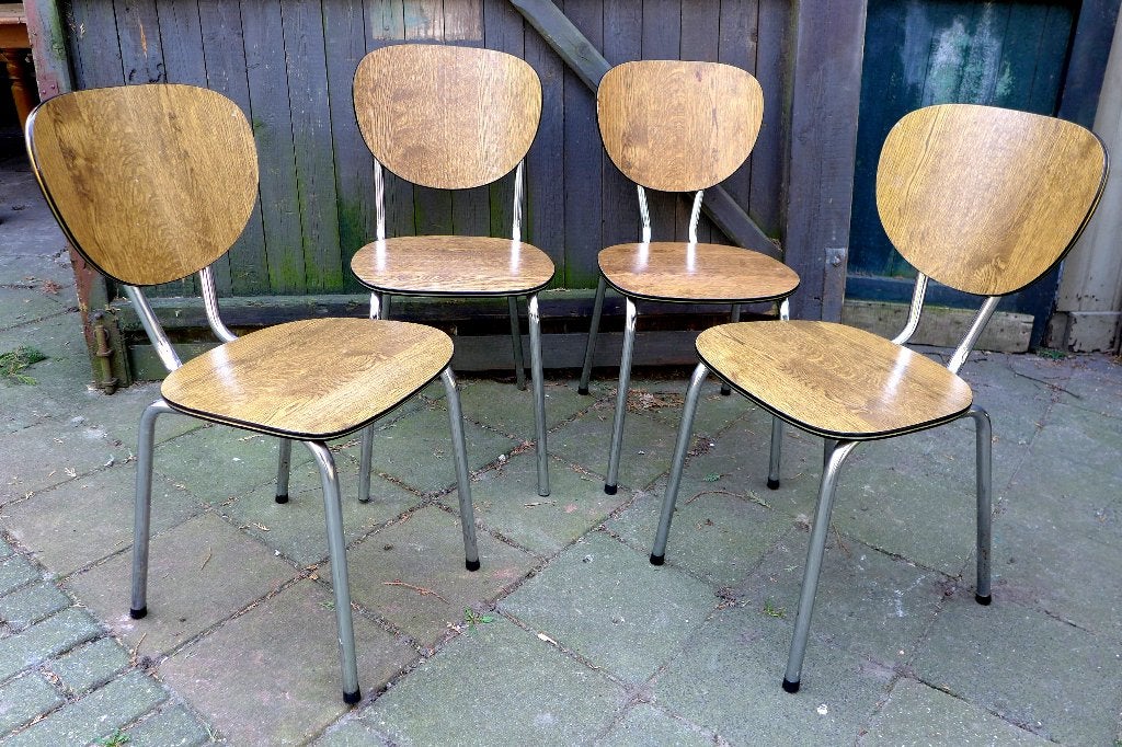 Mooi set van 4 vintage retro formica stoelen, Ophalen, Bruin, Onbekend, Vier