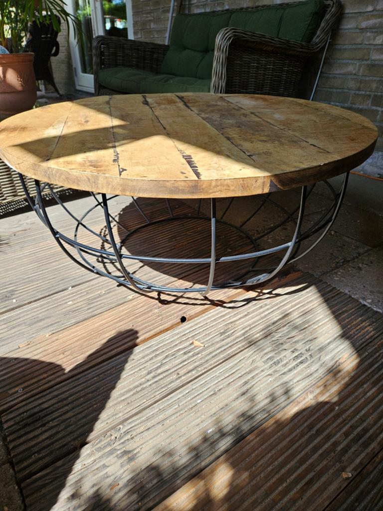 Salontafel mangohout ,stalen onderstel, diam.90 cm., Ophalen, 50 tot 100 cm, Rond, 50 tot 100 cm