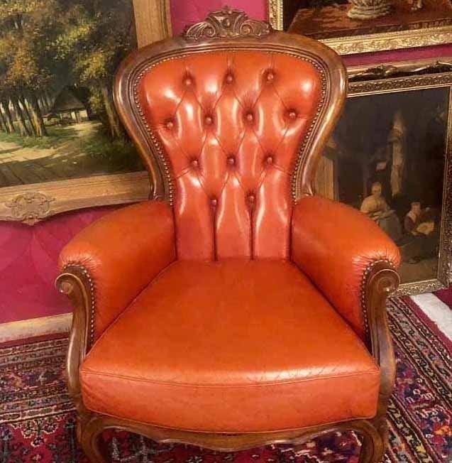 Barok fauteuil leren chesterfield antieke stoel oranje bruin, Ophalen
