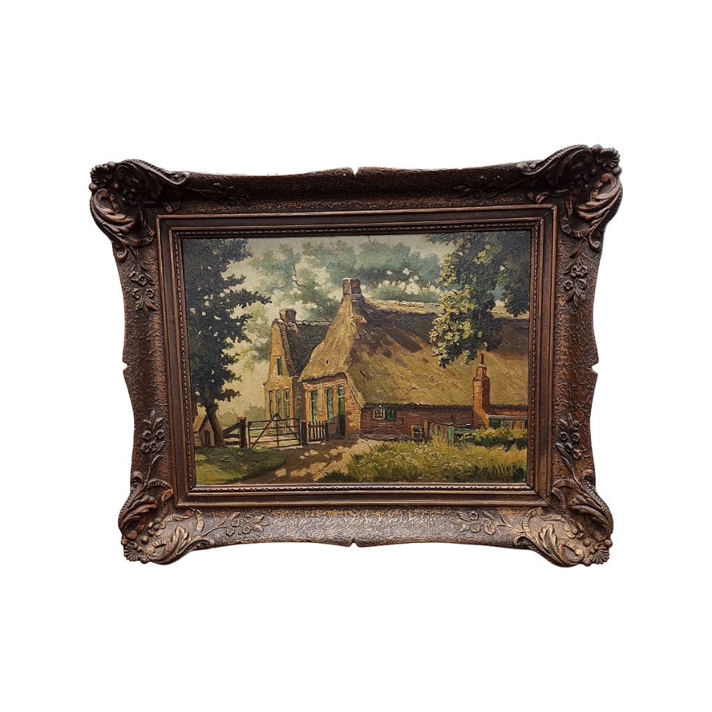 R. Otter olieverf op board met Boerderij, Paneel, Ophalen of Verzenden, Landschap, Olieverf