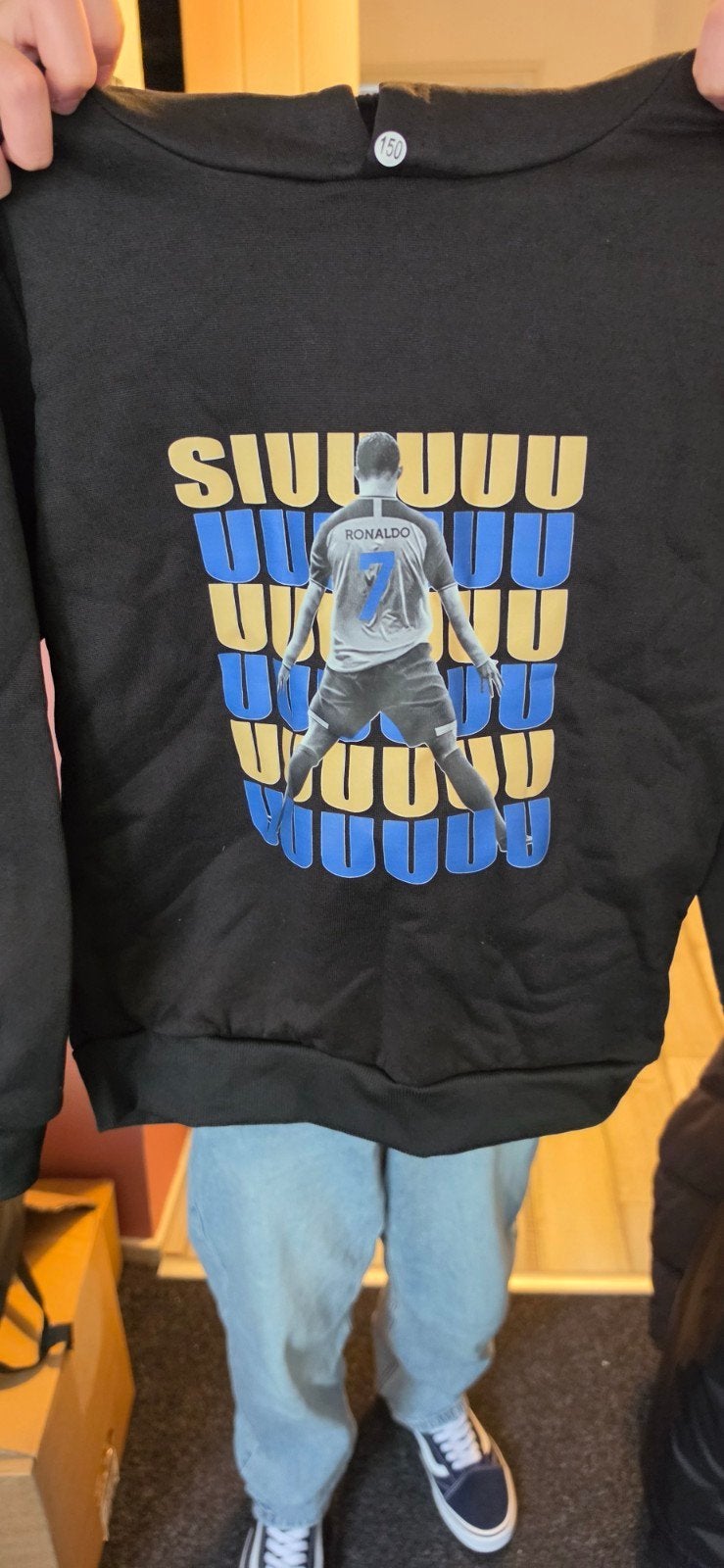 Ronaldo Siuuu Hoodie Maat 150 Zwart, Trui of Vest, Ophalen of Verzenden, Zo goed als nieuw, Onbekend