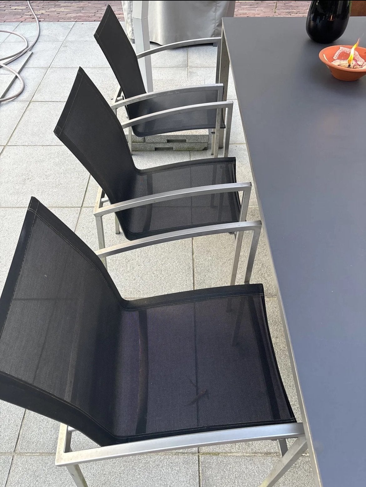 6x Tribù Mistral Textilene Design Tuinstoelen Mat RVS Zwart, Ophalen of Verzenden, Zo goed als nieuw, Campingstoel