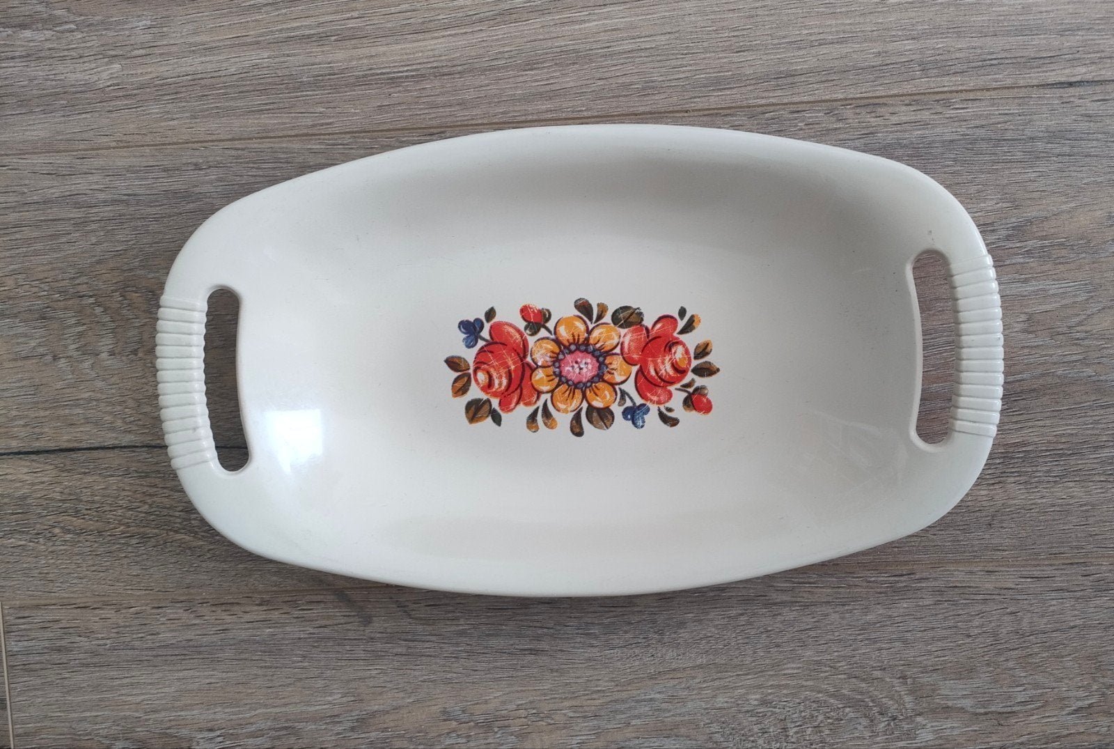 Vintage jaren '70 Emsa beige serveerschaal met handgrepen., Ophalen of Verzenden, Huis en Inrichting