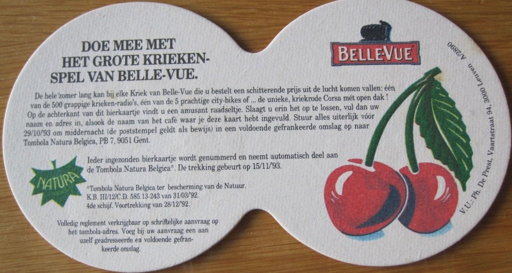 bierviltje van Belle-Vue kriek, Ophalen of Verzenden, Zo goed als nieuw, Viltje(s), Overige merken