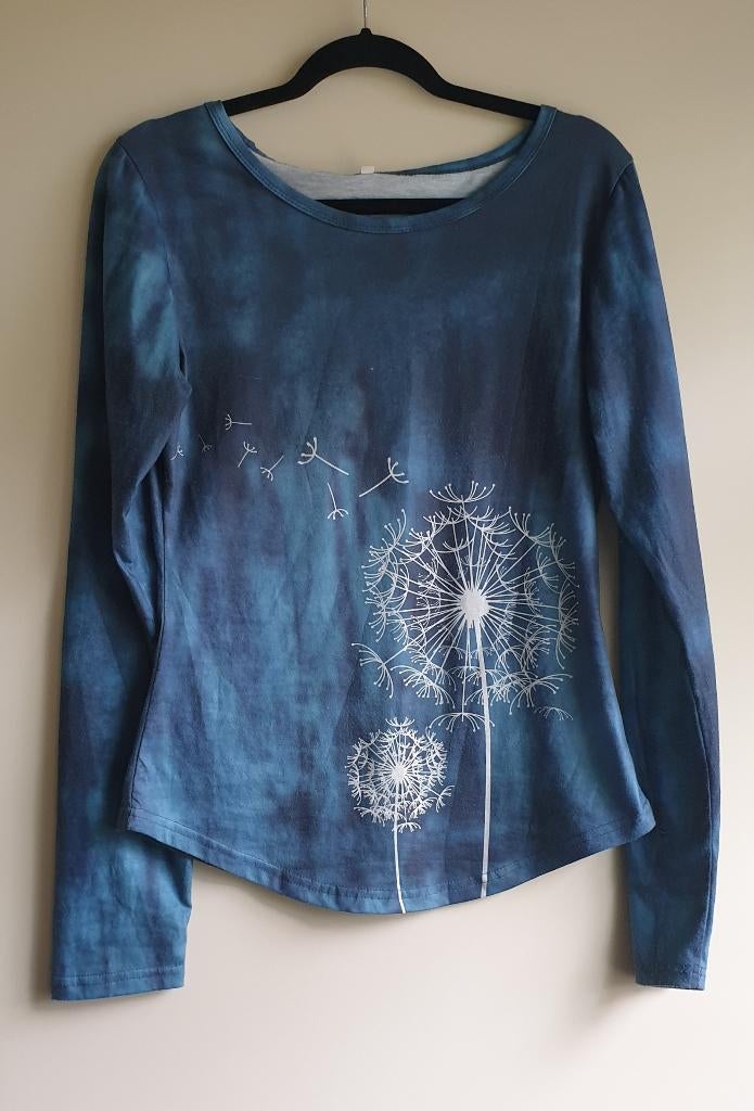t-shirt met paardenbloemen maat s/m, Blauw, Ophalen of Verzenden, Lange mouw, Maat 36 (S)