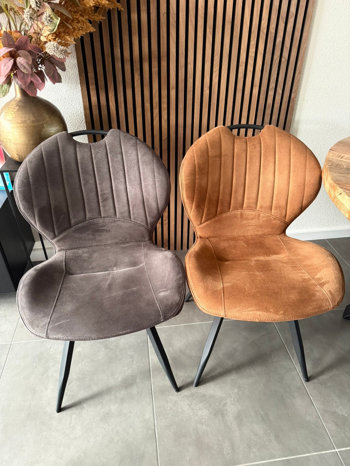 4 eetkamerstoelen cognac/antraciet pronto, Ophalen, Zo goed als nieuw, Bruin, Vier