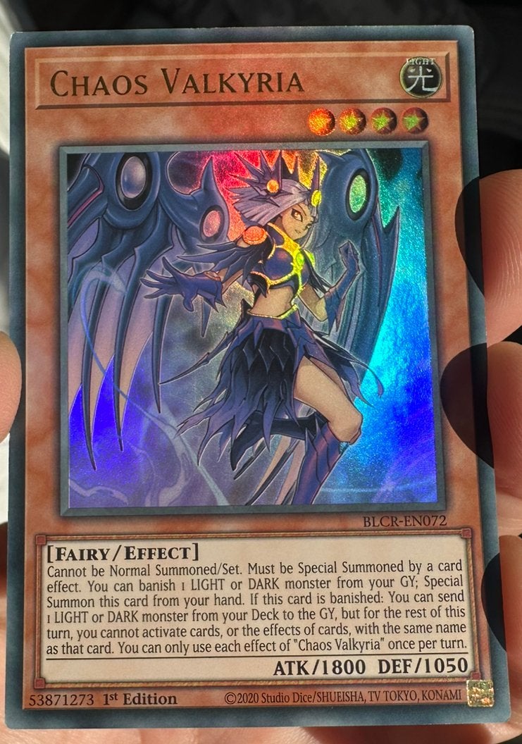 Yu-Gi-Oh! Chaos Valkyria BLCR 1st Edition !, Ophalen of Verzenden, Zo goed als nieuw, Losse kaart, Foil