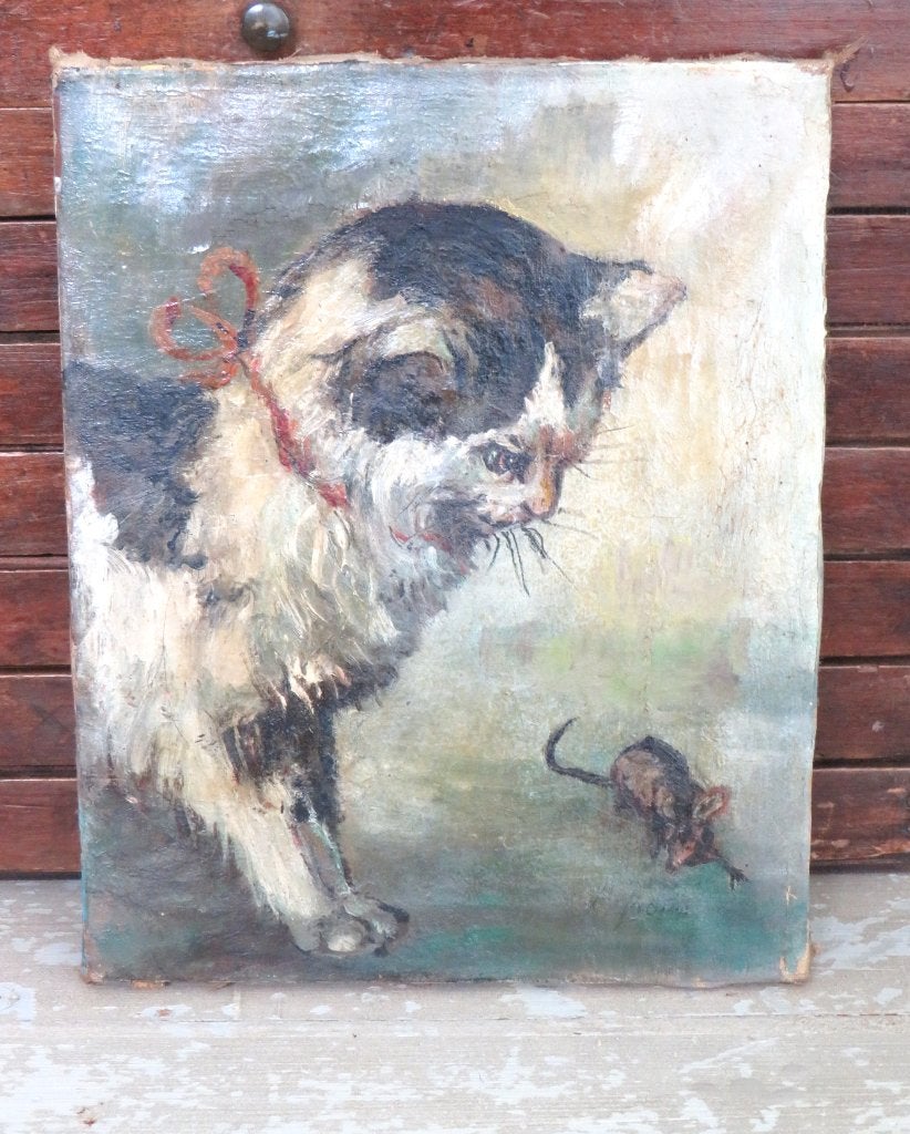 Antiek Frans schilderijtje “Kat & muis”, Ophalen of Verzenden