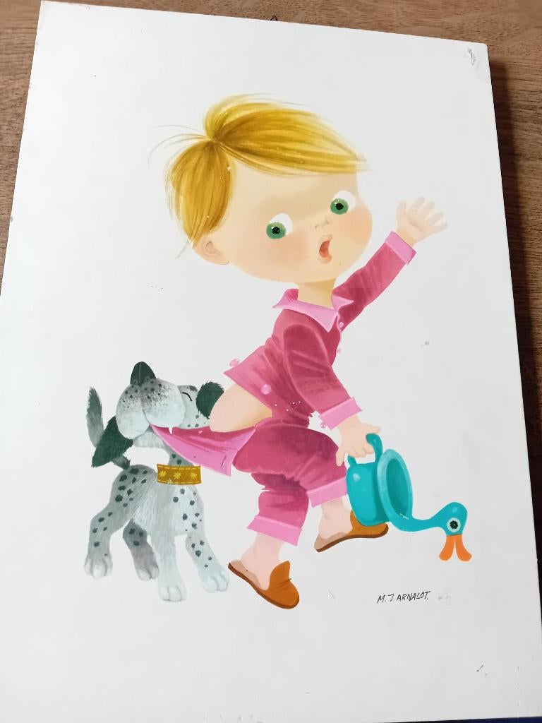 Oude kinderprent van M.J.Arnalot op hardboard 23x32cm, Ophalen of Verzenden, Gebruikt