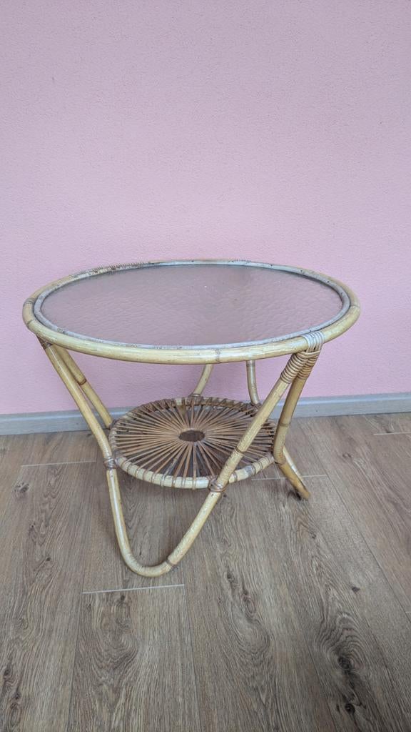 Rotan bijzettafeltje, Huis en Inrichting, Tafels | Bijzettafels, Minder dan 55 cm, Rond, Glas, Ophalen