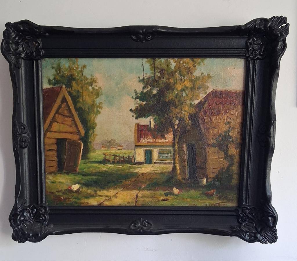 Rustieke hoeve in ochtendlicht.  Ca 1850/1900. 51/41 cm., Antiek en Kunst, Kunst | Schilderijen | Klassiek, Ophalen