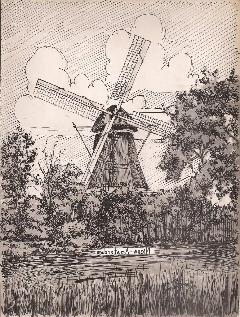 Nieuw-Amsterdam Molen 1948 Tekening Sievers, Antiek en Kunst, Kunst | Tekeningen en Foto's, Ophalen of Verzenden