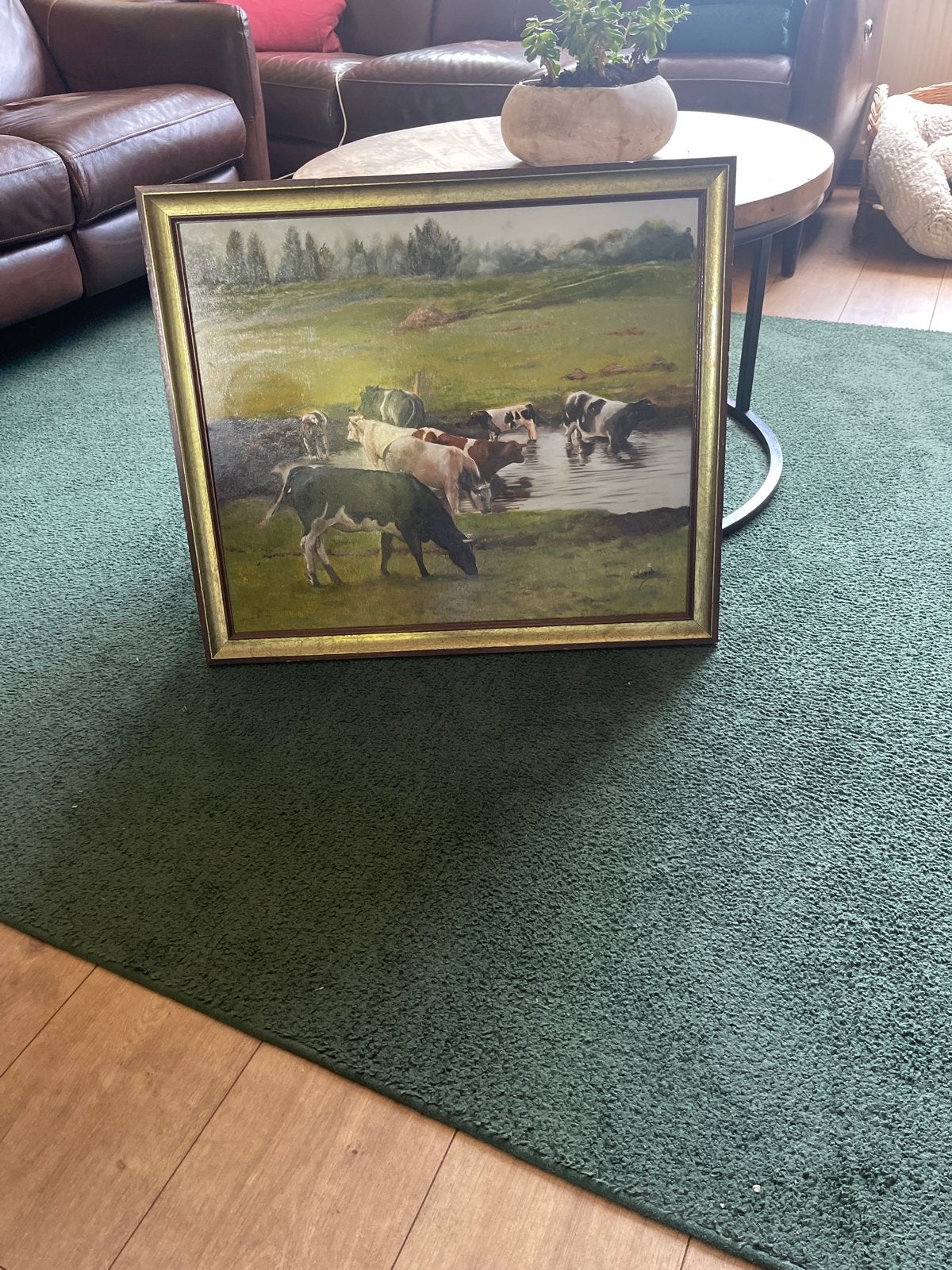 Klassiek schilderij: Koeien aan de waterkant, Doek, Dieren, Ophalen of Verzenden, Gesigneerd