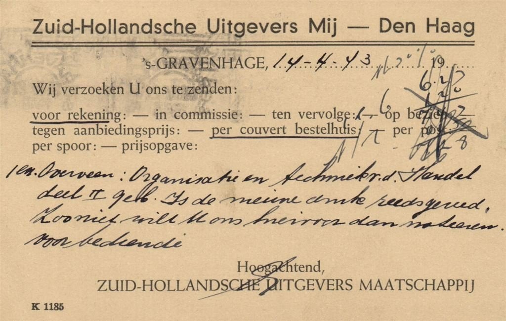 Zuid-Hollandsche Uitgevers Mij, Den Haag - 04.1943 - bestelk, Ophalen of Verzenden, Briefkaart