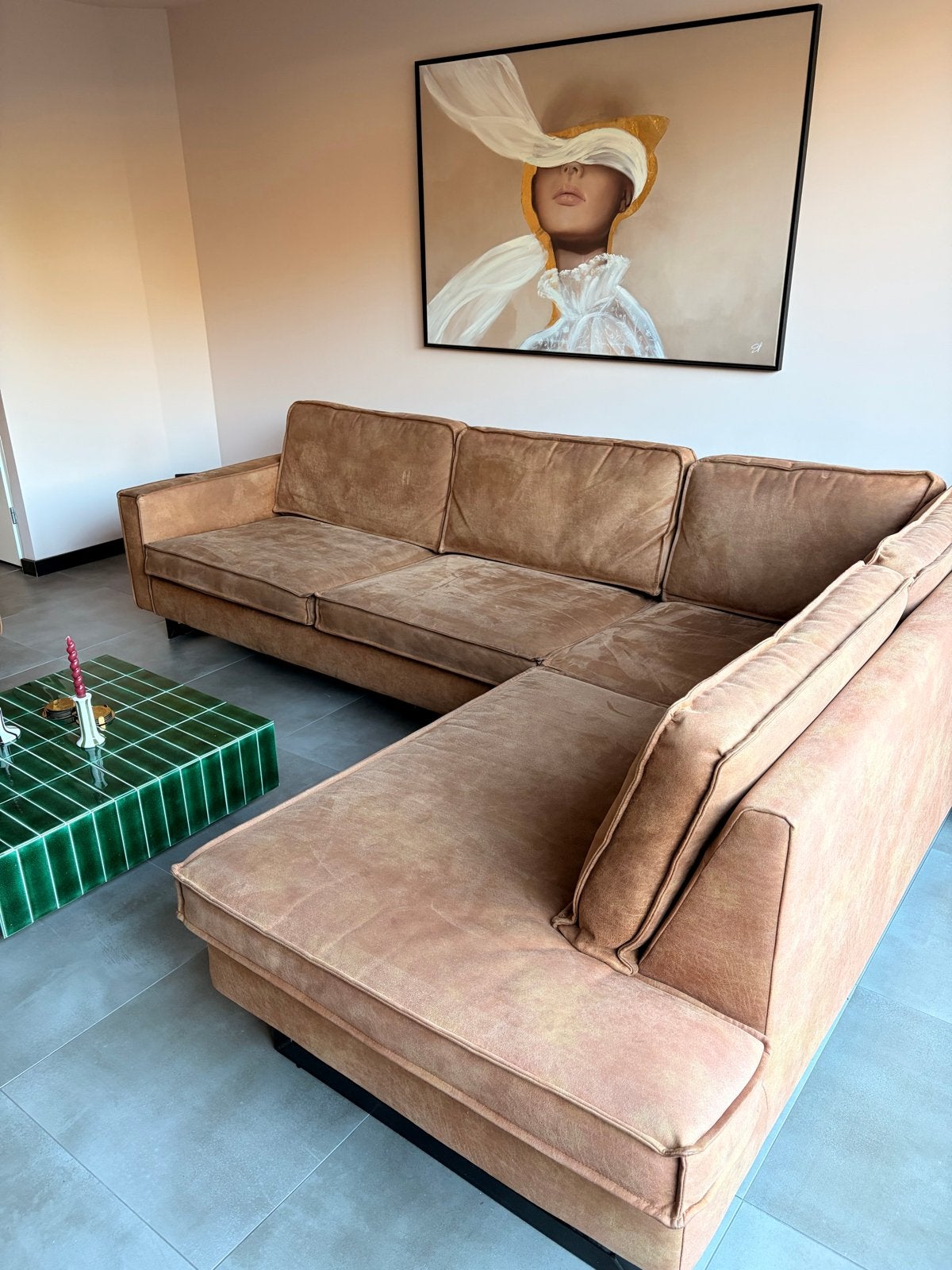 Cognac hoekbank en fauteuil - Mexico WoonSquare, Ophalen, Gebruikt, Stof