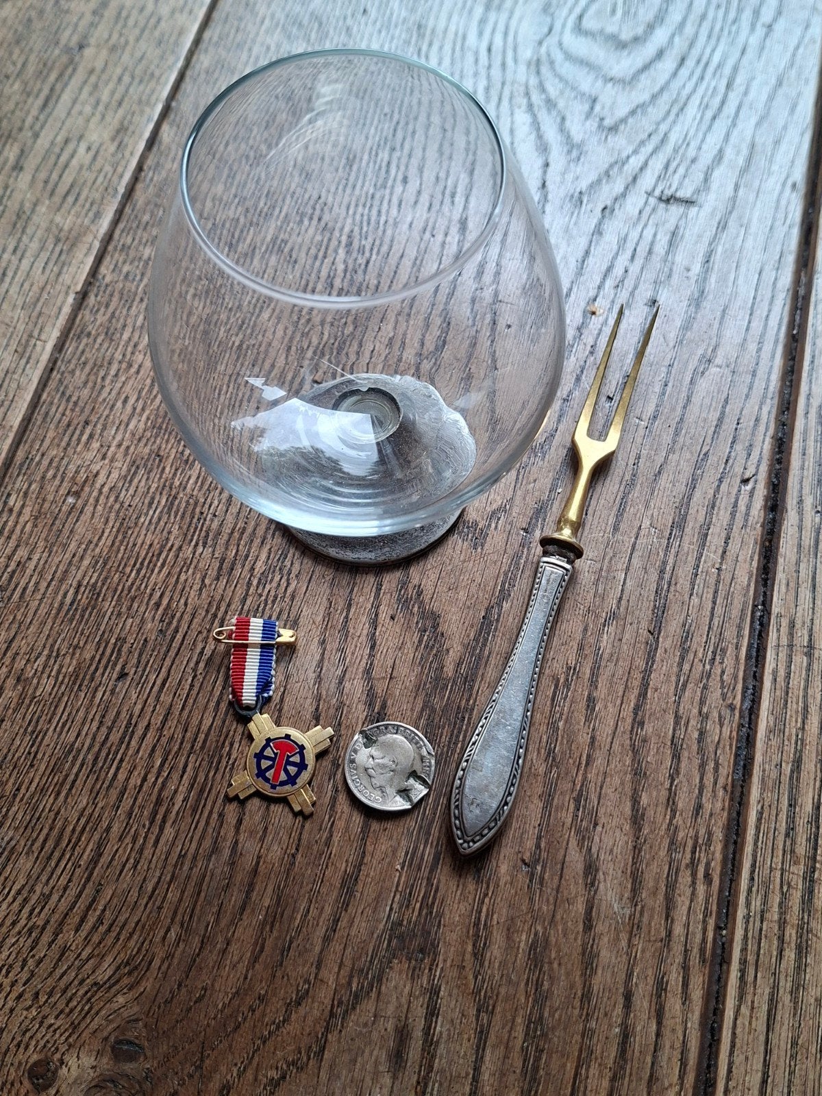 klein lotje zilver (medaille, muntje, vorkje en glas), Antiek en Kunst, Ophalen of Verzenden, Zilver