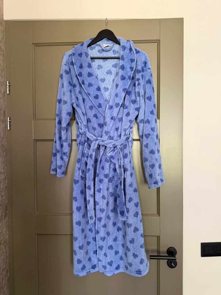 Badjas fleece blauw met hartjes mt XL, Ophalen of Verzenden, Zo goed als nieuw, Maat 46/48 (XL) of groter