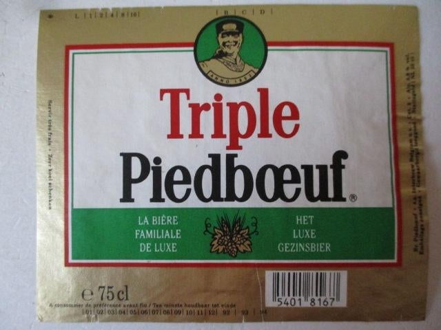bieretiket Belgie 12-4 (12G) piedboeuf, Verzamelen, Biermerken, Ophalen of Verzenden, Gebruikt, Overige typen, Overige merken