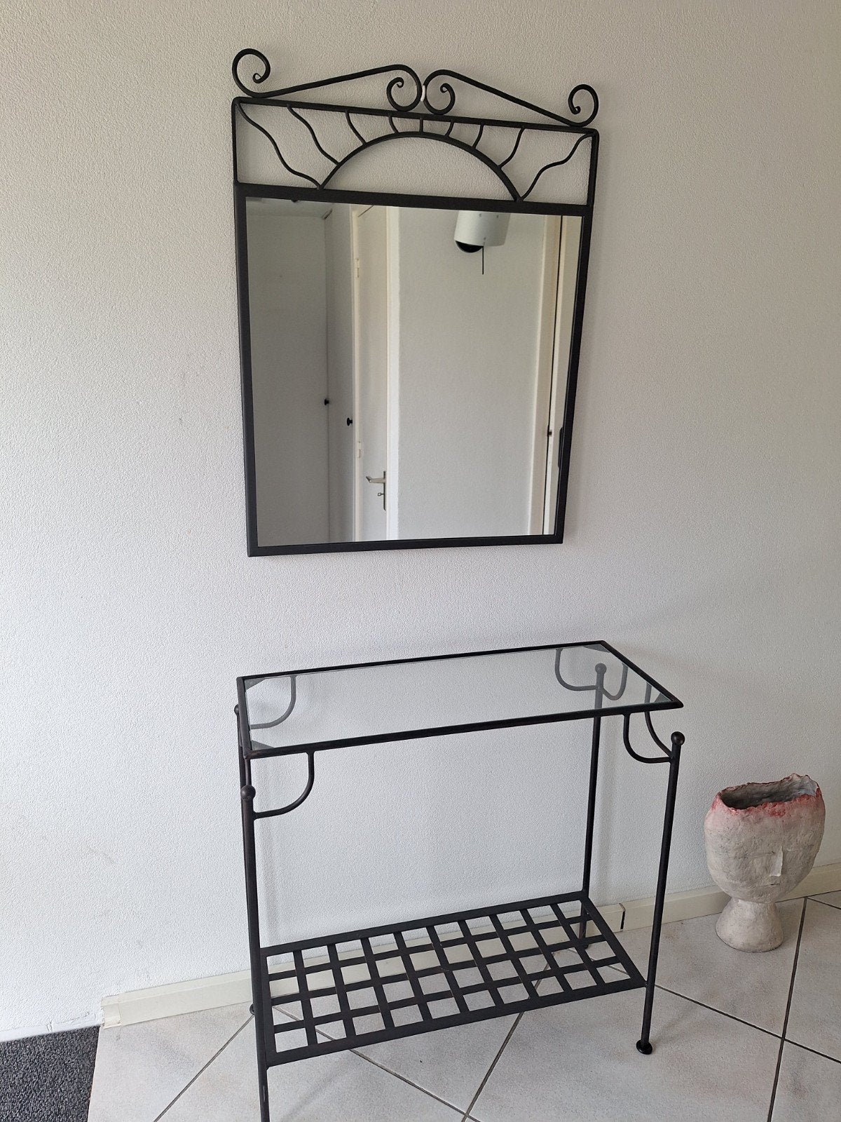 IJzeren spiegel en bijpassende tafel met glasplaat, Antiek en Kunst, Ophalen, Rechthoekig, 50 tot 100 cm, 100 tot 150 cm