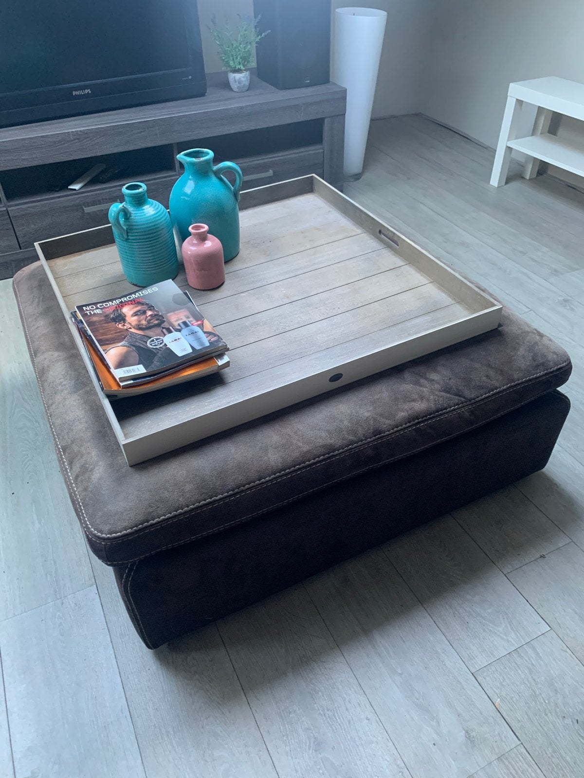 Leren poef / salontafel - Bruin, Ophalen, Gebruikt, Bruin, Leer