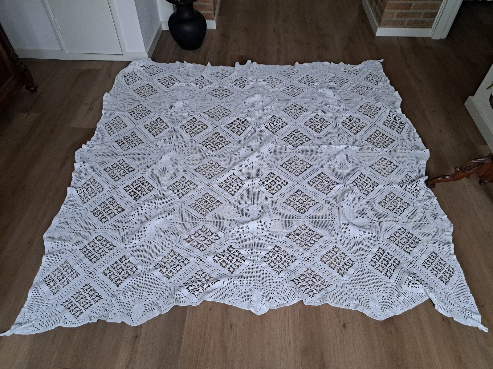 Vintage gehaakte witte brocante sprei bedsprei, Ophalen of Verzenden
