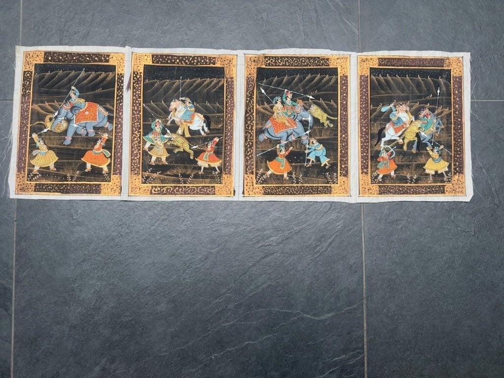 Set v 4 Indiase schilderingen Koninklijke Tijgerjacht India, Ophalen of Verzenden, Schipluidenlaan 20 5035KJ Tilburg, Schilderij