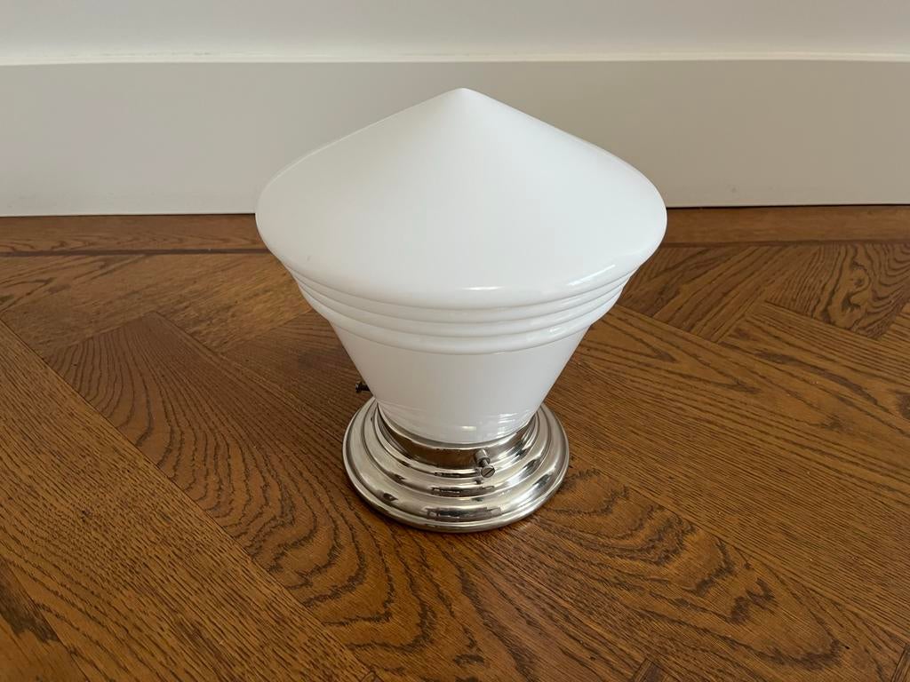 Giso Art Deco Plafondlamp - Opaalglas en Glanzend Nikkel, Overige kleuren, Ophalen of Verzenden, Minder dan 50 cm, Glas