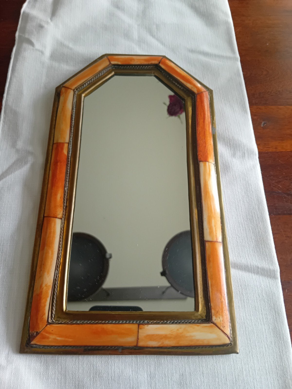 Vintage spiegel met oranje/beige rand, Ophalen of Verzenden, Minder dan 50 cm