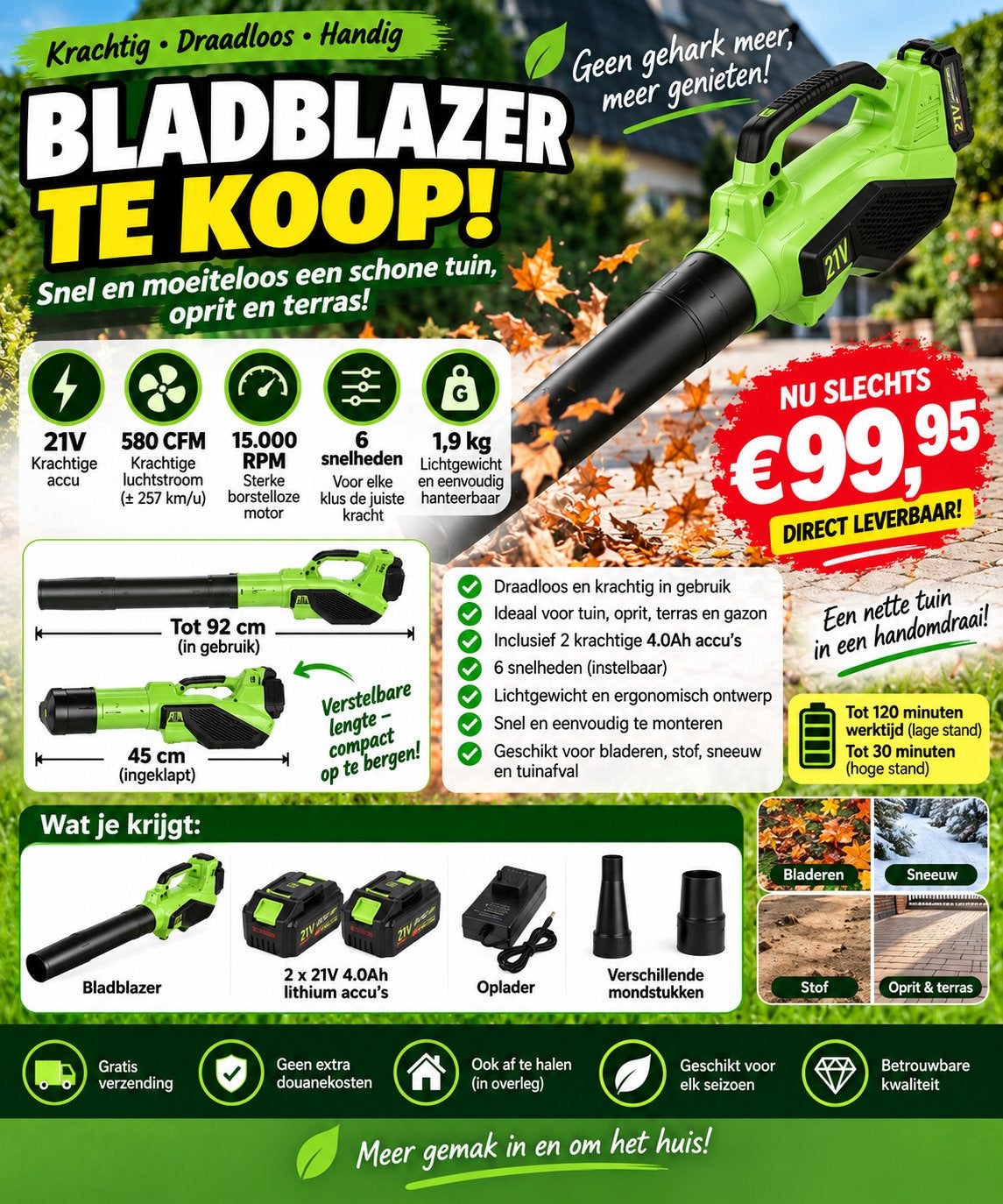 Krachtige 21V Accu Bladblazer met 2 accu's en 6 snelheden, Tuin en Terras, Ophalen of Verzenden, Nieuw, Accu, Handgedragen