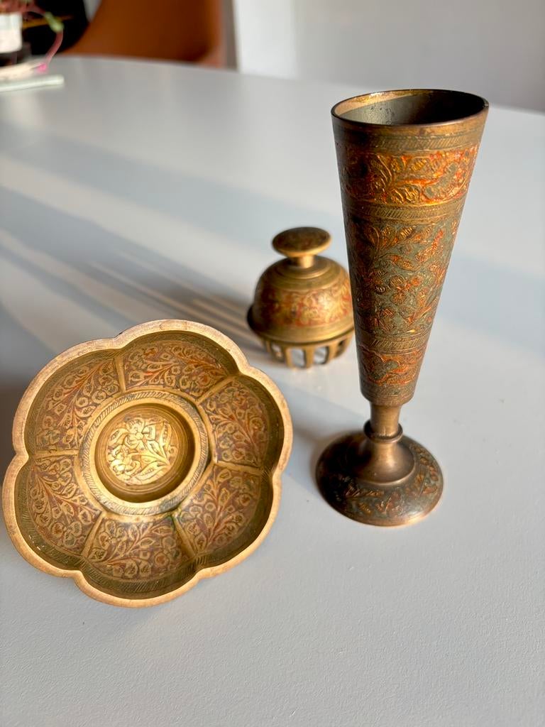 Indiase koperen set met decoraties, Antiek en Kunst, Antiek | Koper en Brons, Ophalen of Verzenden, Koper