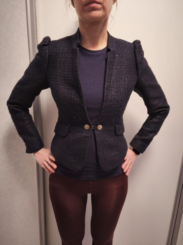 H&M  marineblauwe bouclé tweed blazer jasje pofmouwen XS/S, Ophalen of Verzenden, Zo goed als nieuw, Maat 34 (XS) of kleiner, Blauw