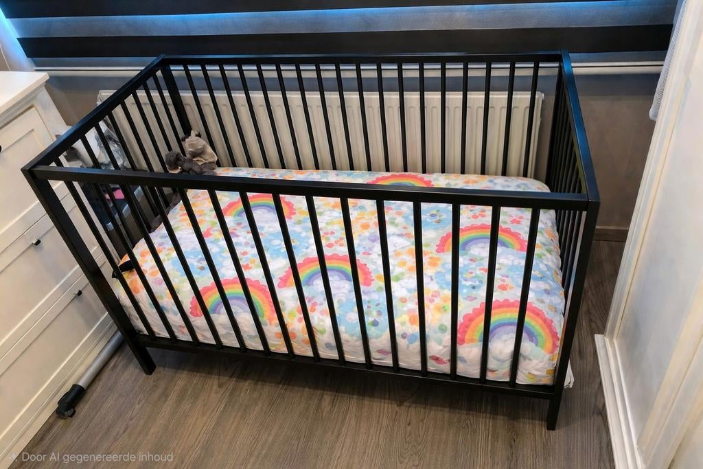 Kinderledikant zwart inclusief matras (en meer), Ophalen, Gebruikt, Ledikant