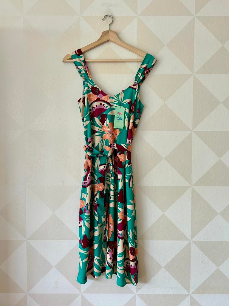 King Louie Lenny Dress jurk bloem groen XS/34 NIEUW, Kleding | Dames, Jurken, Nieuw, Ophalen of Verzenden, Maat 34 (XS) of kleiner
