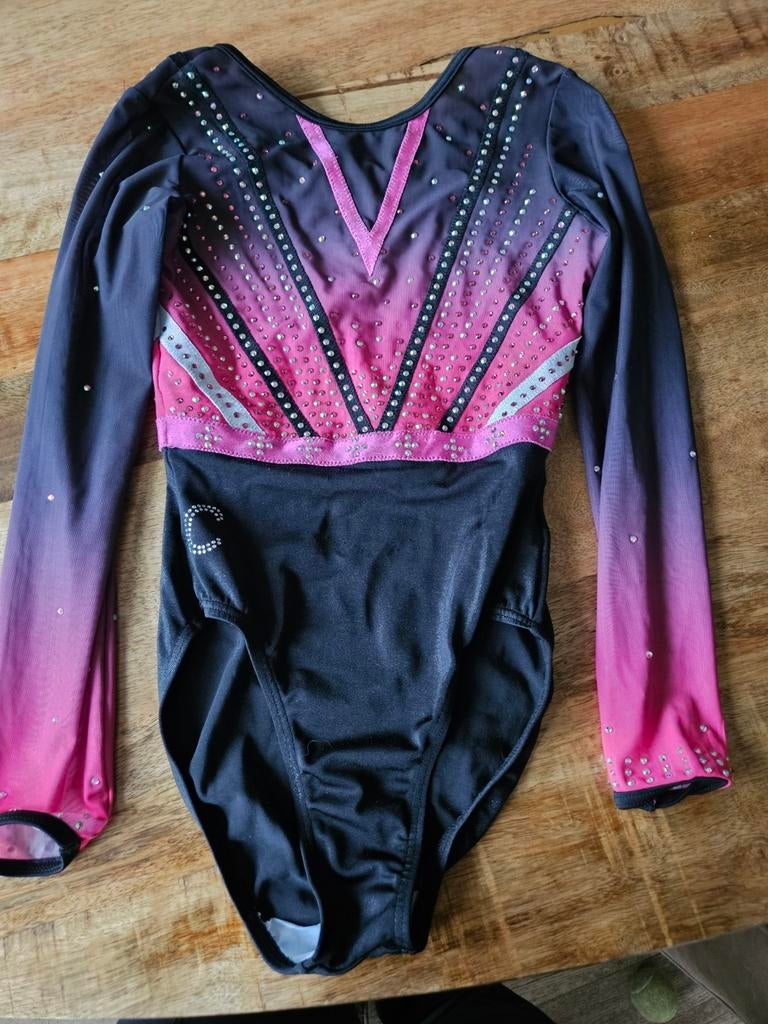Turnpakje zwart, roze met pinjetjes maat 152/158, Sport en Fitness, Turnen, Zwart, Ophalen of Verzenden, Zo goed als nieuw, Turnpak(je)