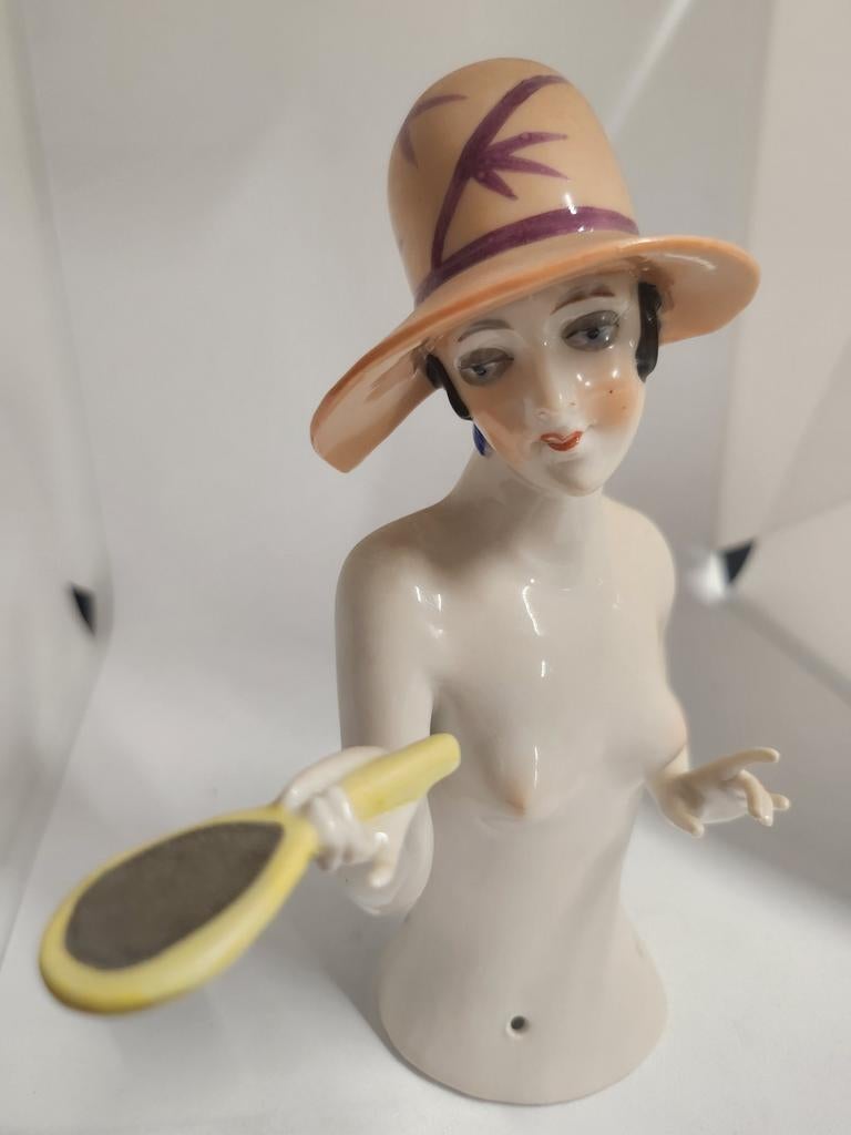 Art Deco Dame met Spiegel - Porseleinen Beeldje, Antiek en Kunst, Antiek | Porselein, Ophalen of Verzenden