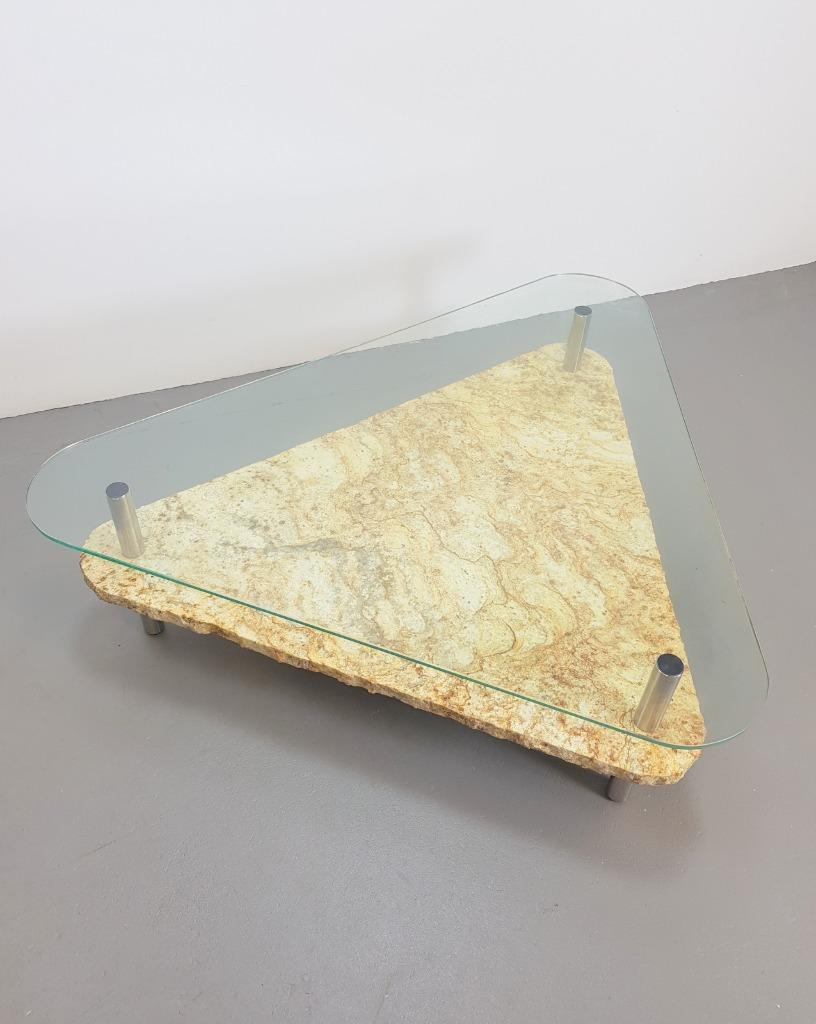 Vintage traingel brutalist salontafel marmer glas tafel '70, Ophalen, 100 tot 150 cm, N, Glas