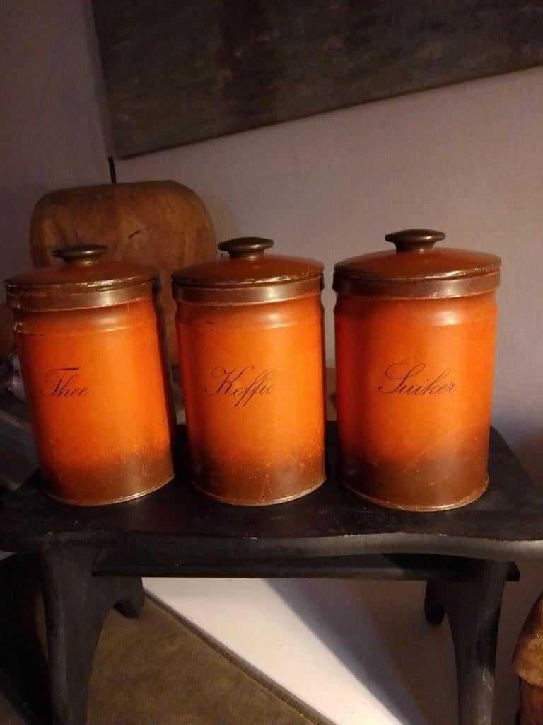 Brocante voorraad blikken/potten 3 stuks, Ophalen of Verzenden