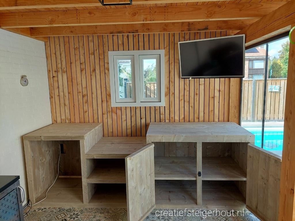 Houten buitenkeuken gas bbq koelkast mancave steigerhout, Ophalen of Verzenden, Nieuw