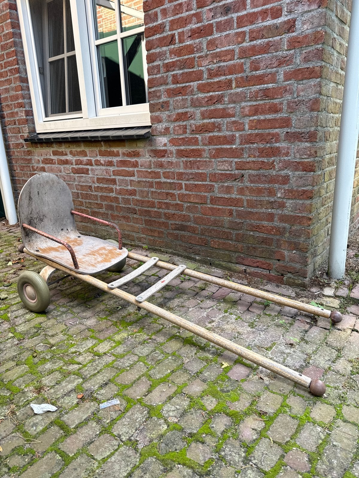 Vintage houten trekkar met wielen - Uniek decoratiestuk, Ophalen, Gebruikt, Hout