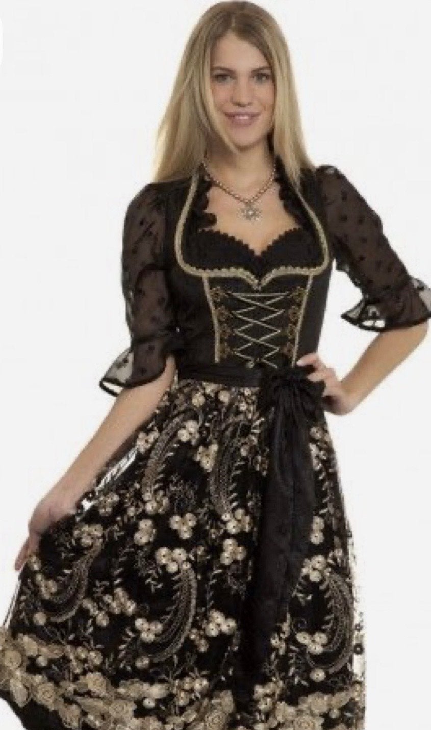 Prachtige zwarte Dirndl met gouden borduursels, Kleding | Dames, Overige typen, Zwart, Maat 42/44 (L), Ophalen of Verzenden