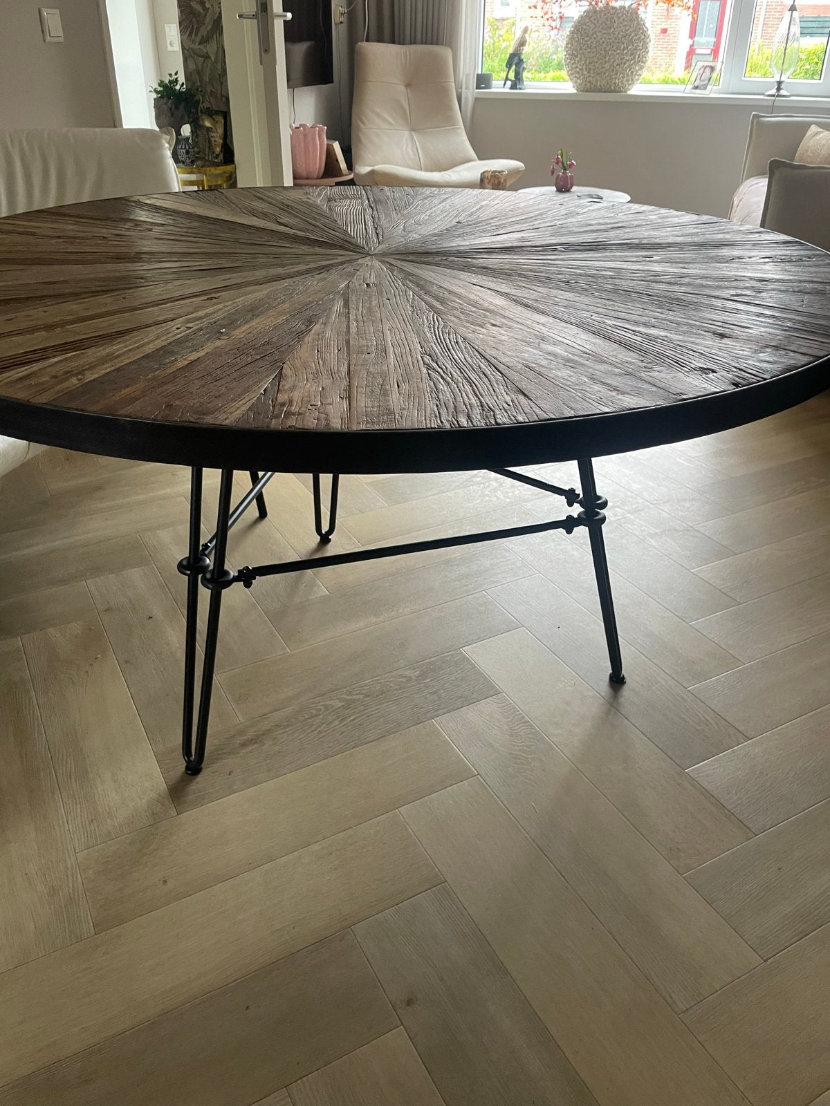 Rievera Maison Tafel 150cm Massief Eiken Wagonhout, Huis en Inrichting, Tafels | Eettafels, Ophalen, Gebruikt, 100 tot 150 cm