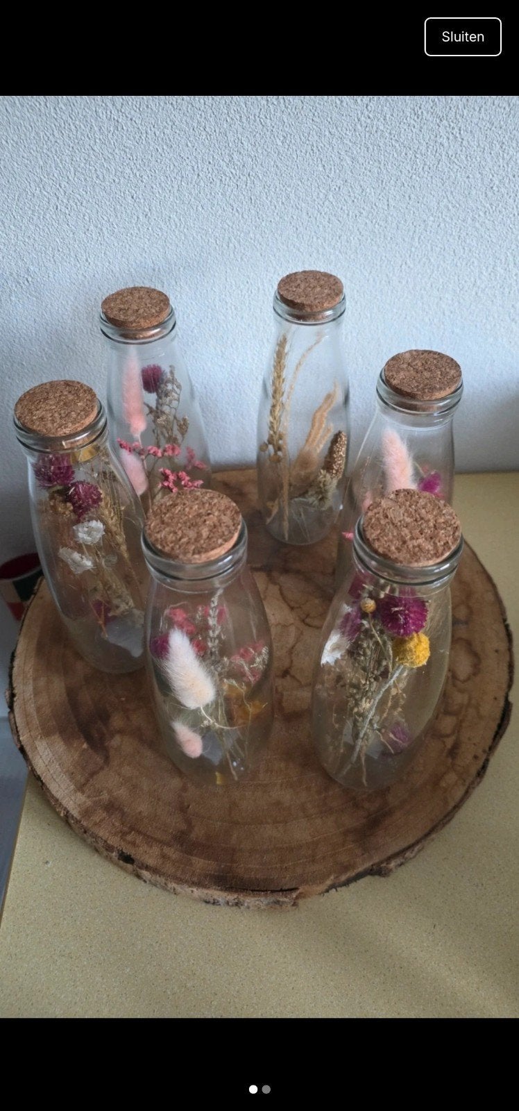 Set Droogbloemen in glazen melkfles 6x H.21 Ø7cm, Verzenden, Nieuw